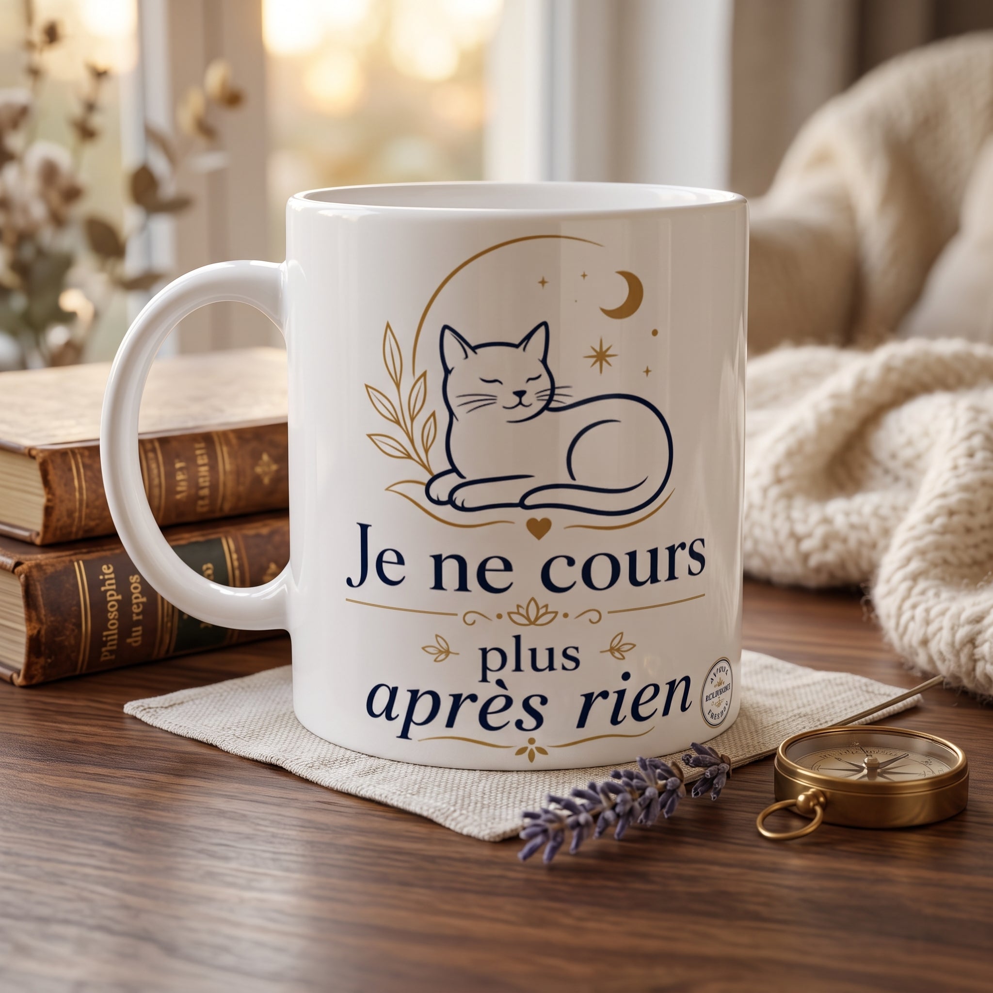 Tasse en céramique blanche, chat et lettrage « Je ne cours plus après rien »