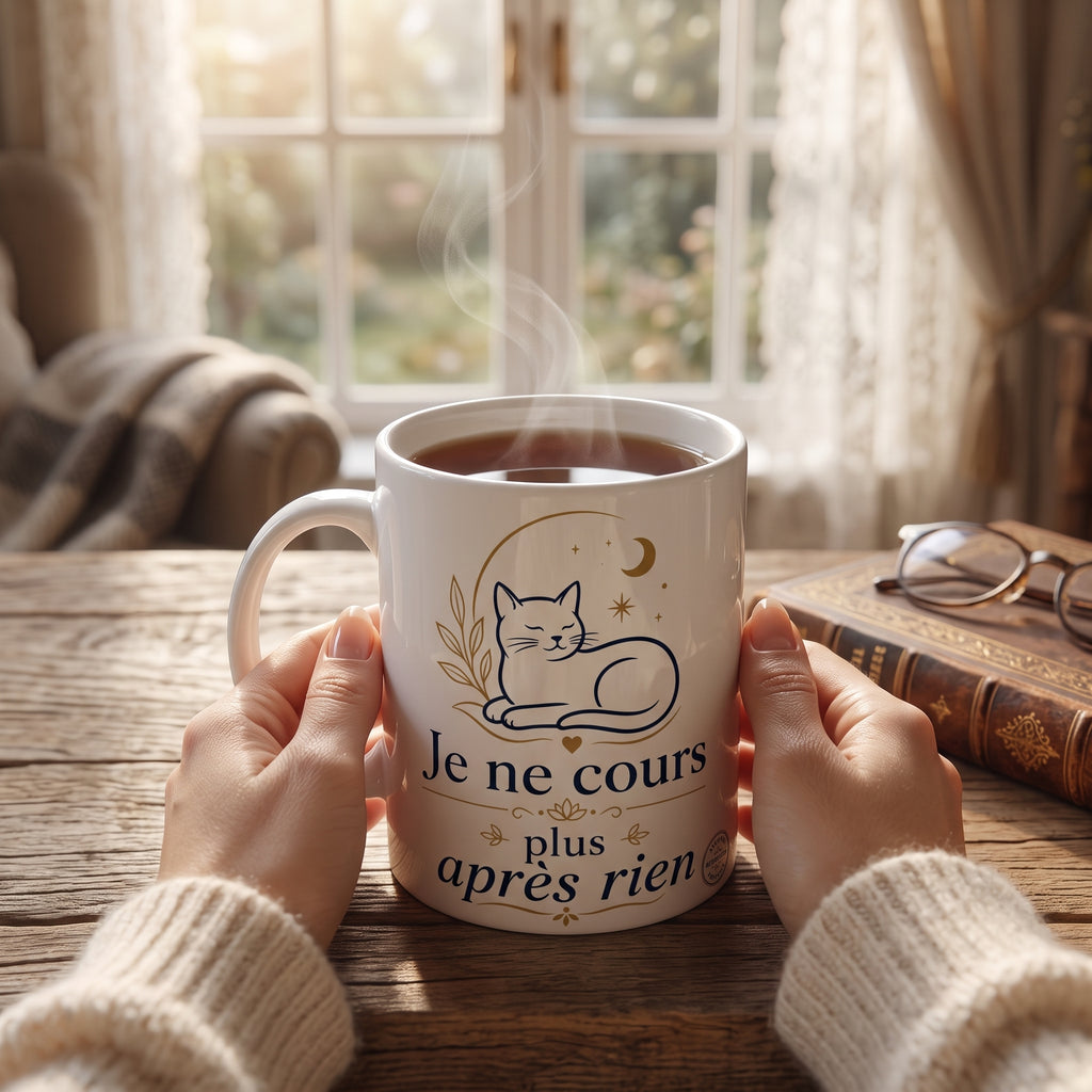 Tasse en céramique blanche avec chat et texte « Je ne cours plus après rien »