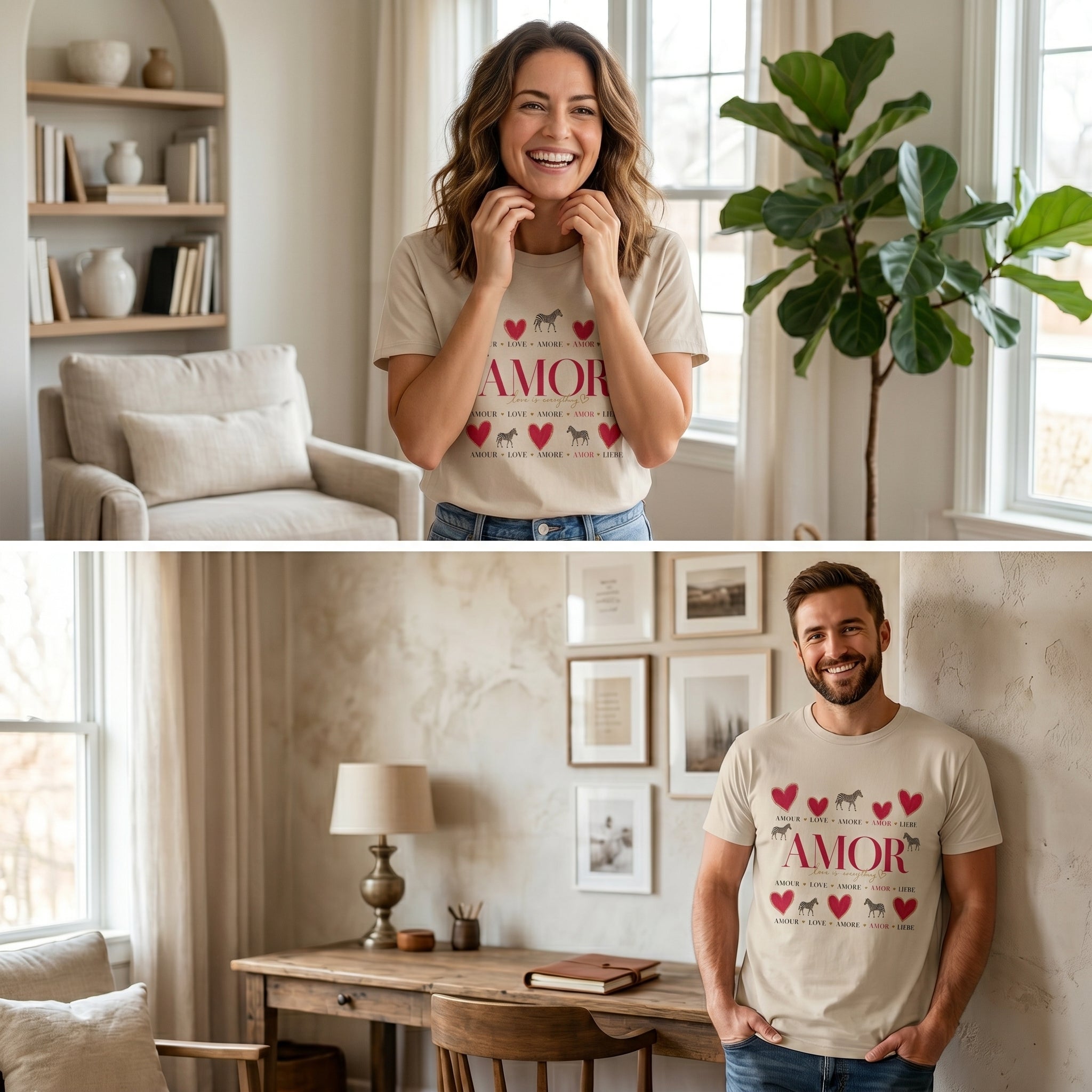 T-shirt beige clair à imprimé « AMOR » et cœurs