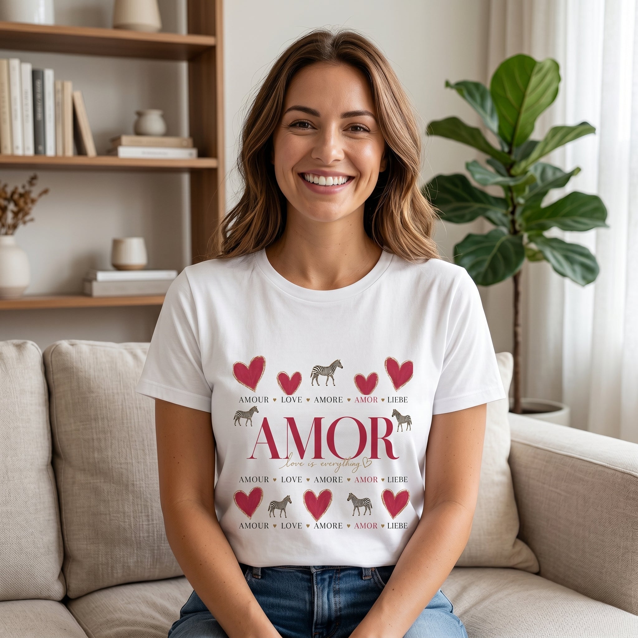 T-shirt blanc à imprimé « AMOR » avec cœurs et petits zèbres