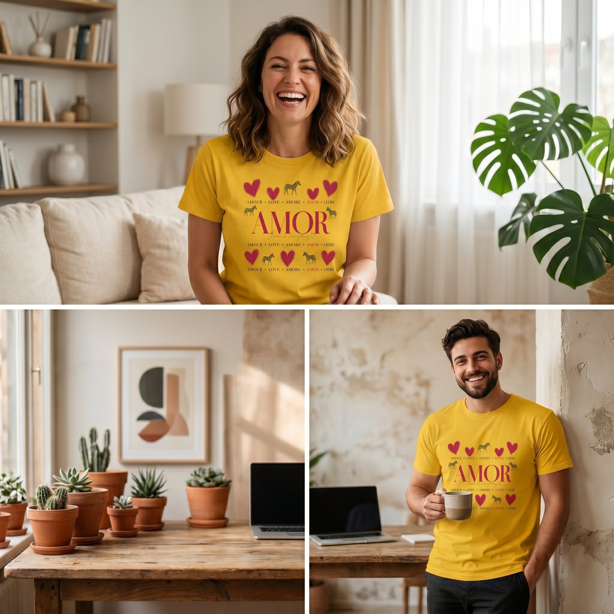 T-shirt jaune à imprimé « AMOR » avec cœurs et petits motifs zèbres