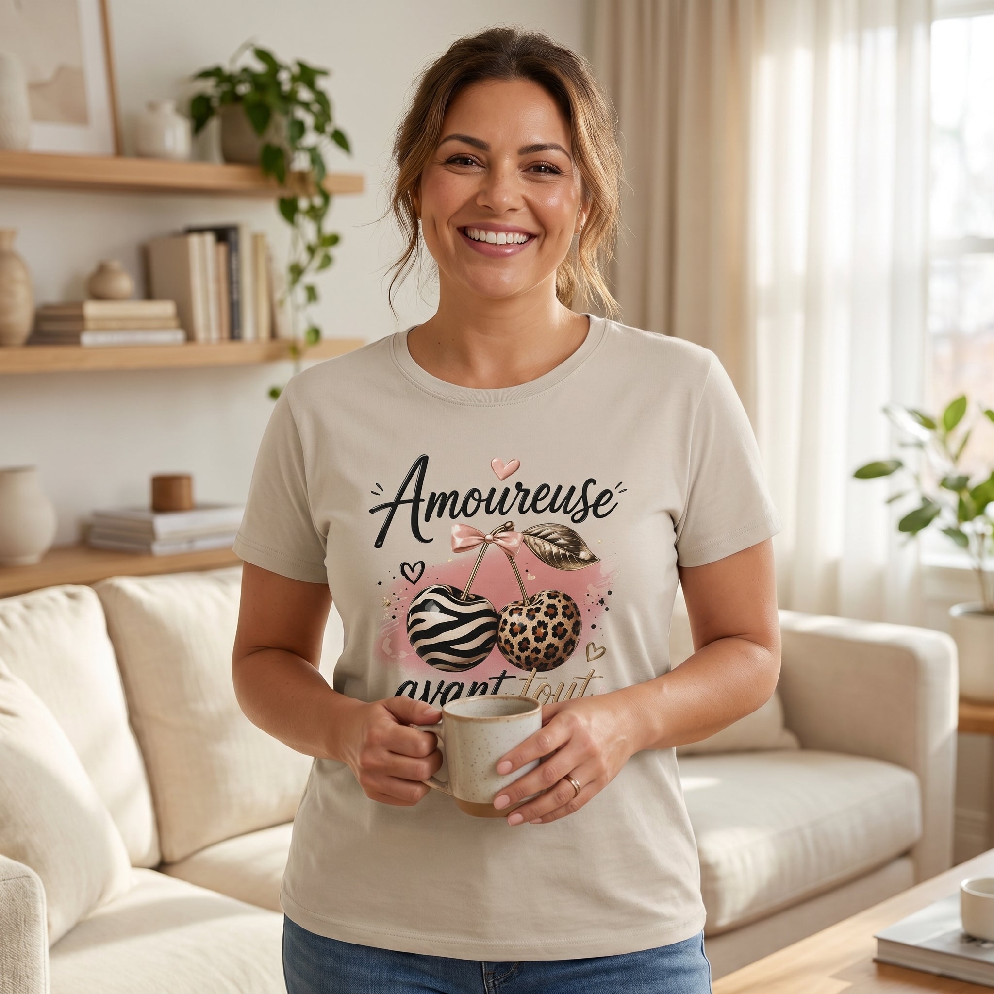 T-shirt femme sable clair, manches courtes, imprimé « Amoureuse avant tout »