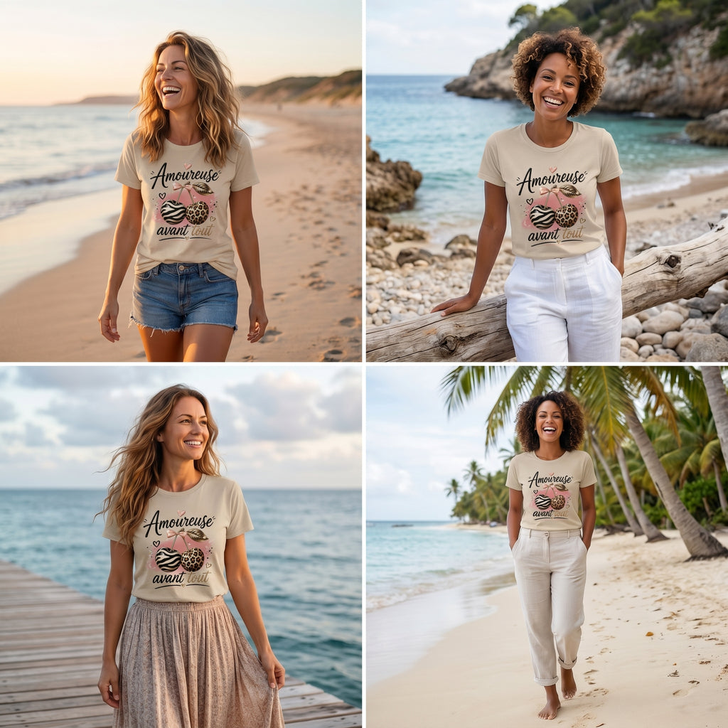 T-shirt femme sable clair, imprimé « Amoureuse avant tout »