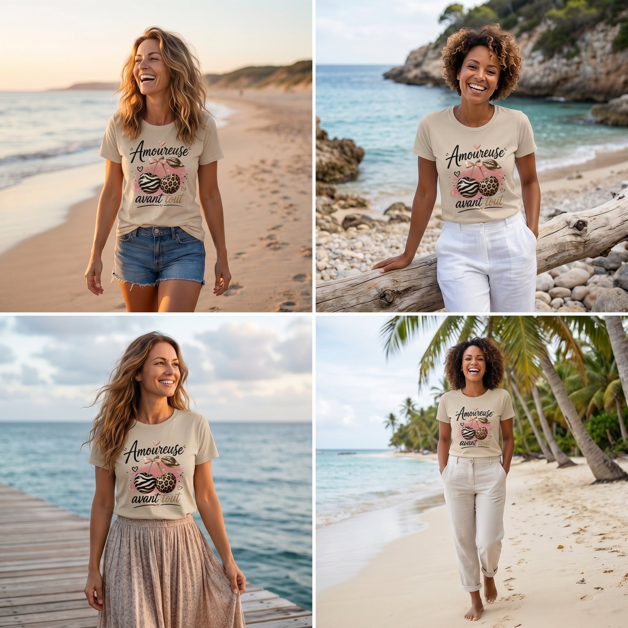 T-shirt femme sable clair, imprimé « Amoureuse avant tout »