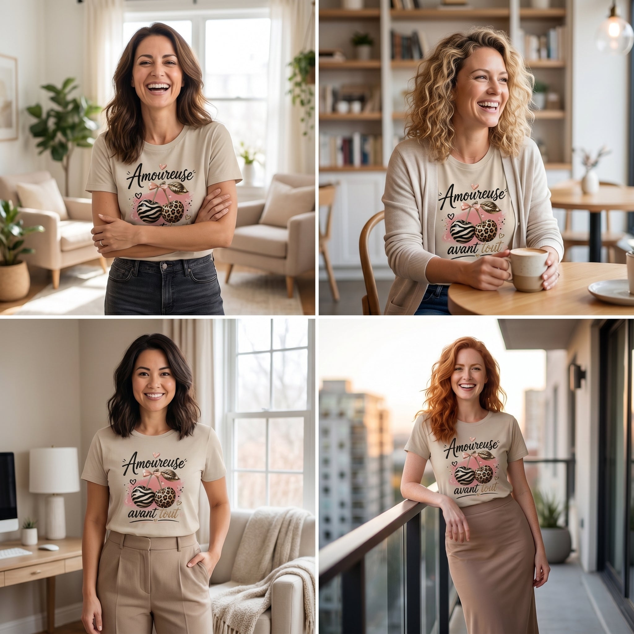 T-shirt femme sable clair à manches courtes, imprimé « Amoureuse avant tout »