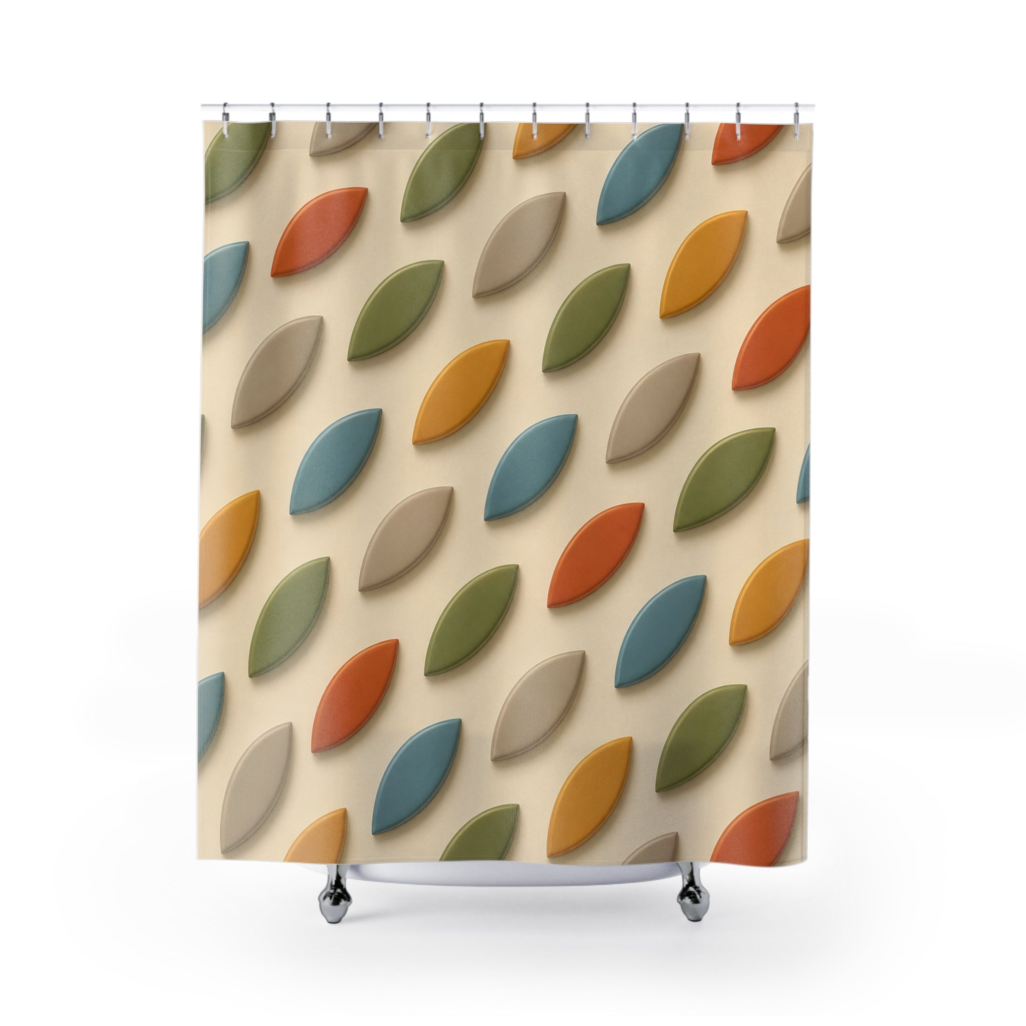 Rideau de douche tissu crème, motif feuilles rétro multicolores, tringle et œillets visibles.