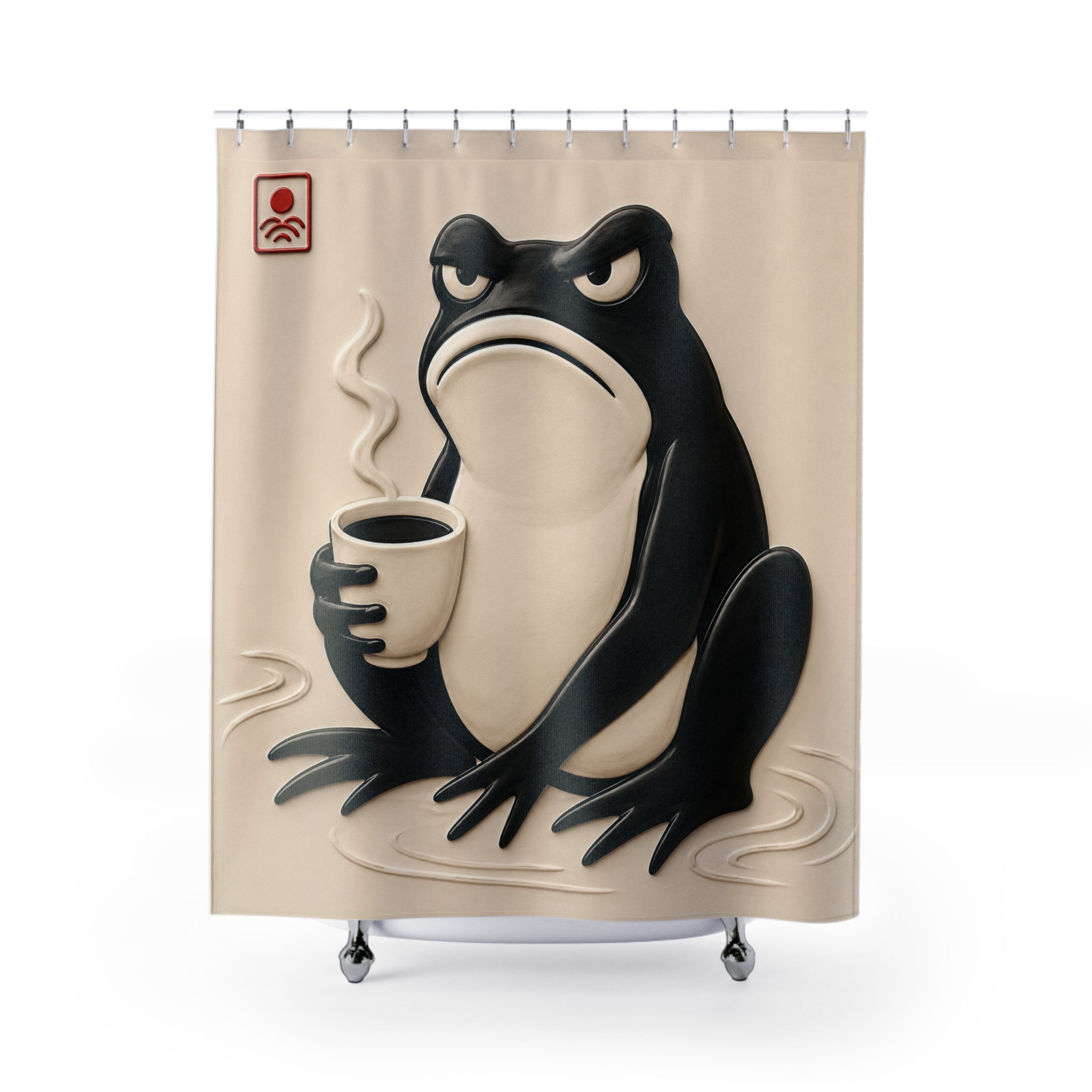 Rideau de douche beige avec grenouille noire tenant une tasse, fond uni et rideau complet.