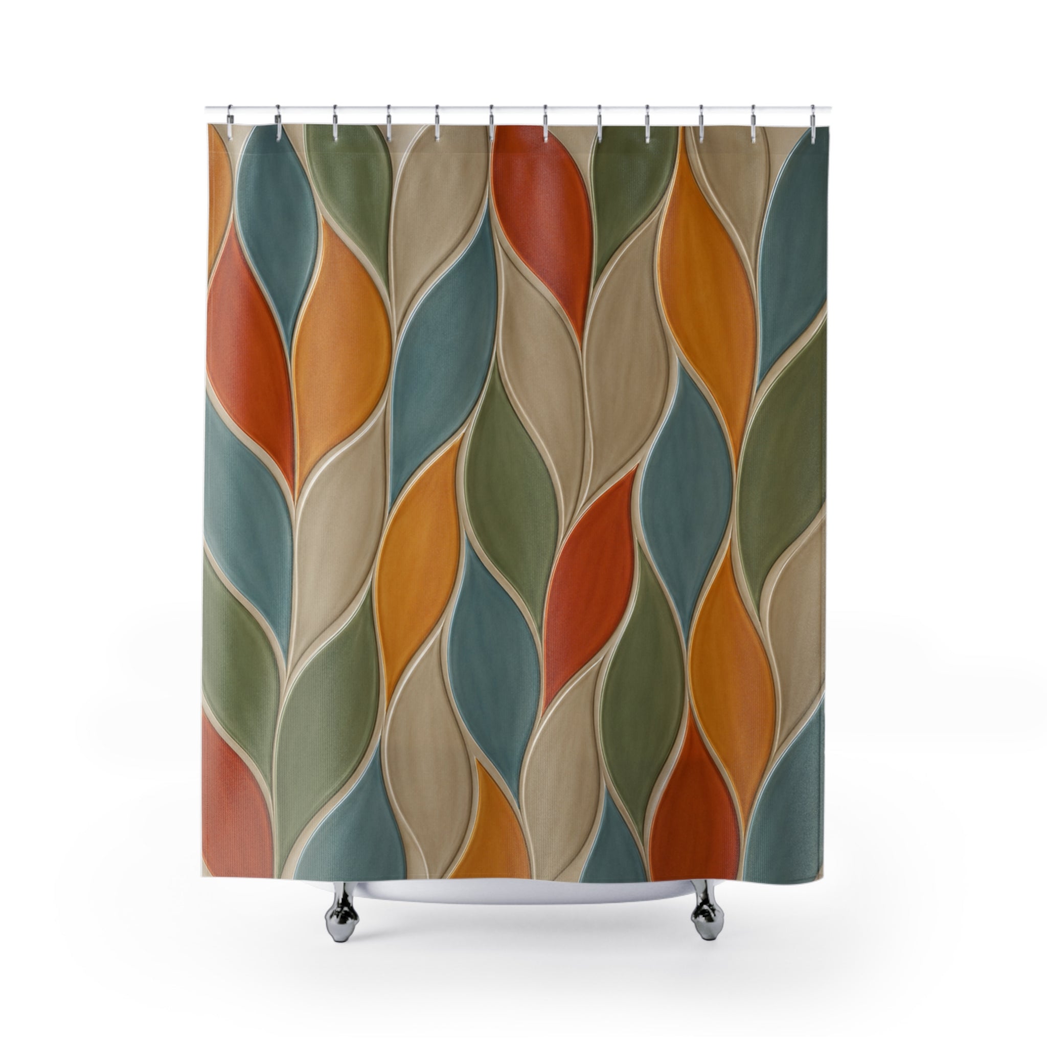 Rideau de douche à motifs vagues style vitrail, tons vert, orange, beige et bleu