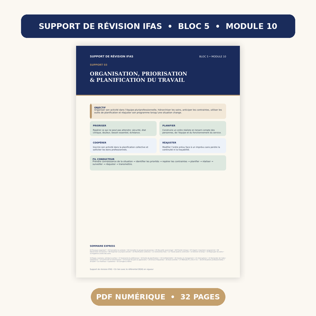 Support de révision IFAS en PDF numérique, titre bleu : organisation et planification.