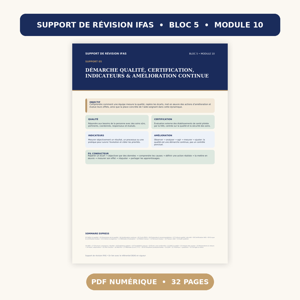 Support de révision IFAS en PDF numérique, titre bleu : démarche qualité et amélioration.
