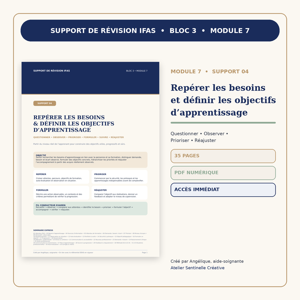 Support IFAS « Repérer les besoins et définir les objectifs d’apprentissage » : PDF, 35 pages.