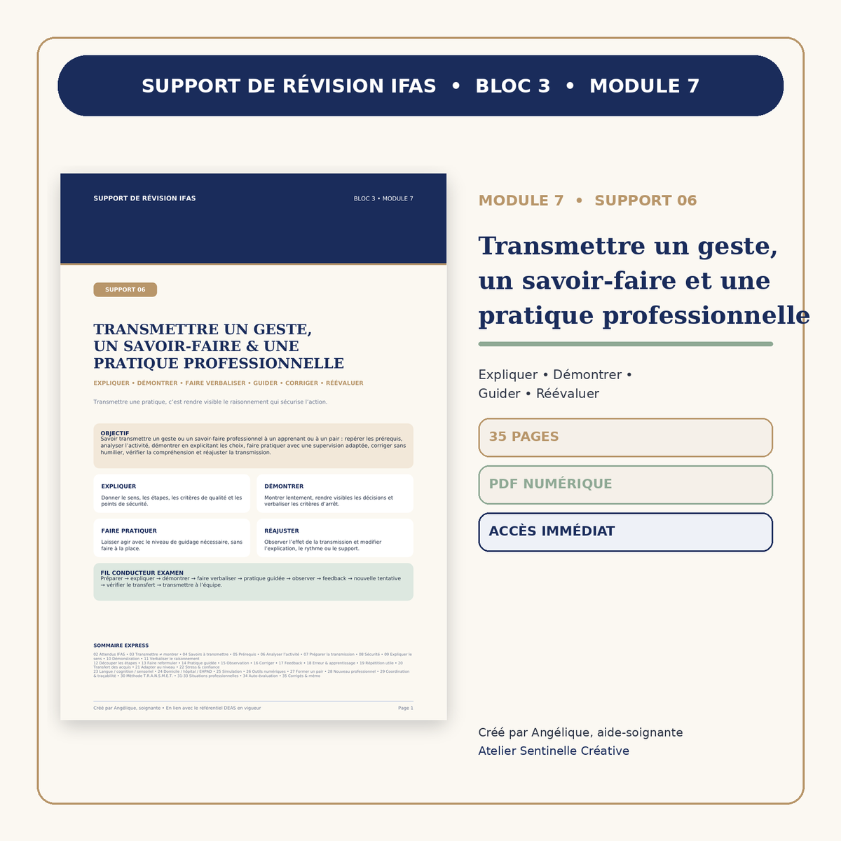 Support IFAS « Transmettre un geste, un savoir-faire et une pratique professionnelle » : PDF, 35 pages.