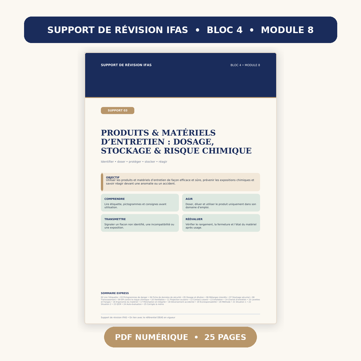 Support de révision IFAS, bloc 4 module 8 : produits d’entretien, dosage, stockage
