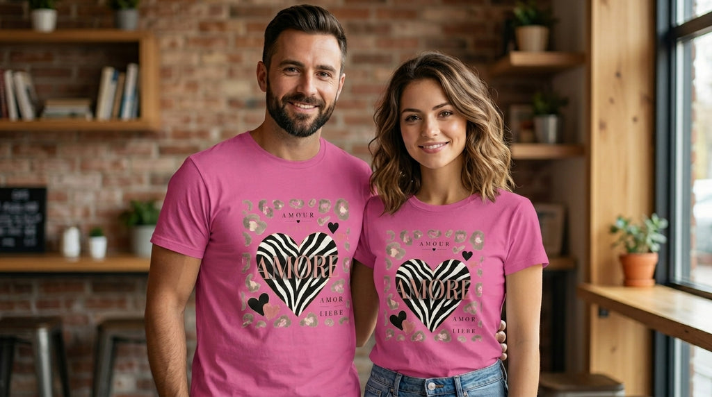 T-shirt unisexe rose avec grand motif cœur zèbre et léopard