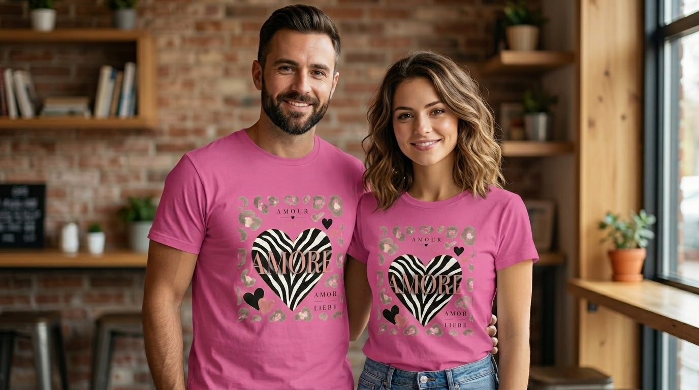 T-shirt unisexe rose avec grand motif cœur zèbre et léopard