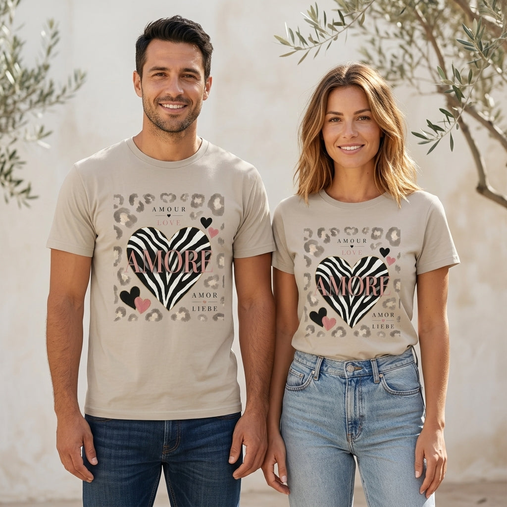 T-shirt unisexe écru avec grand motif cœur zébré et léopard