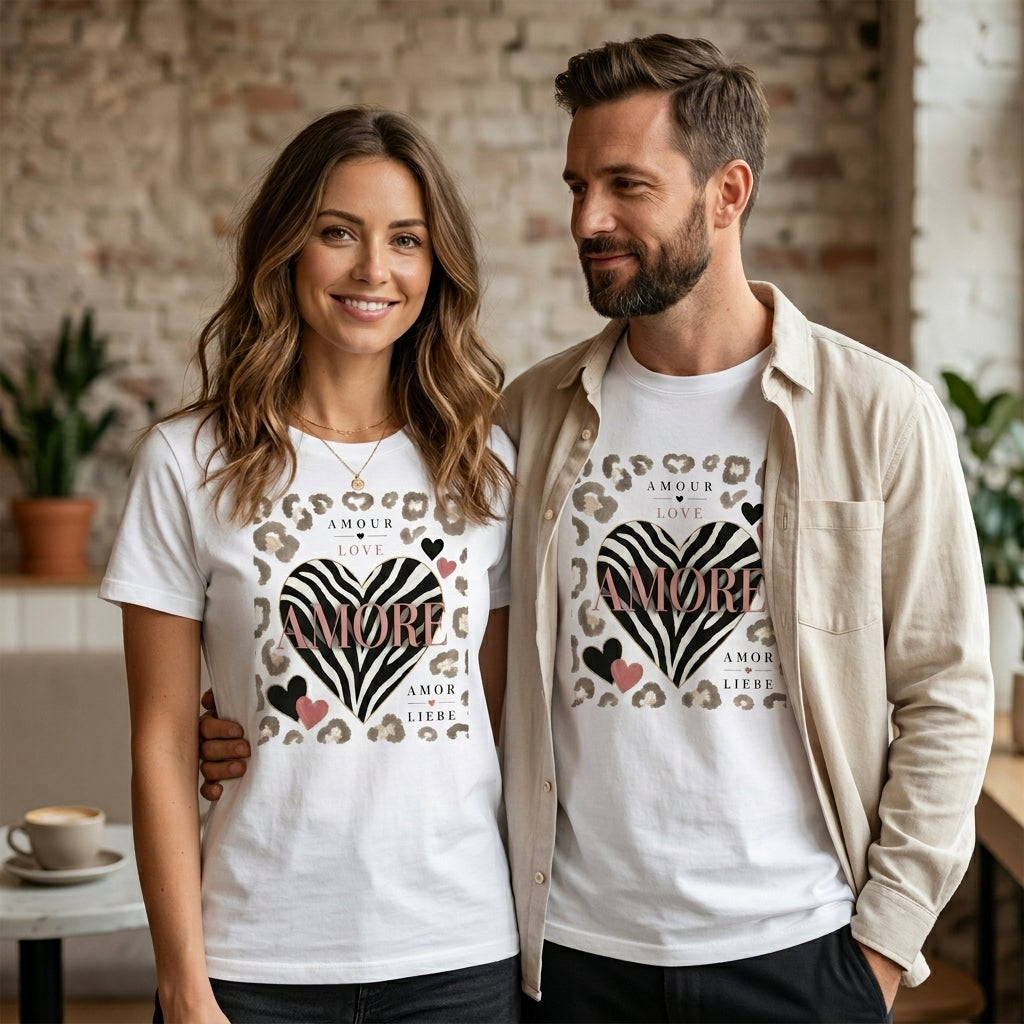 T-shirt unisexe blanc avec grand motif cœur zébré et léopard