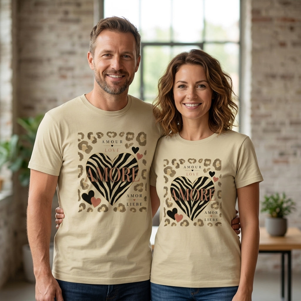 T-shirt unisexe beige clair avec grand motif cœur zébré et léopard