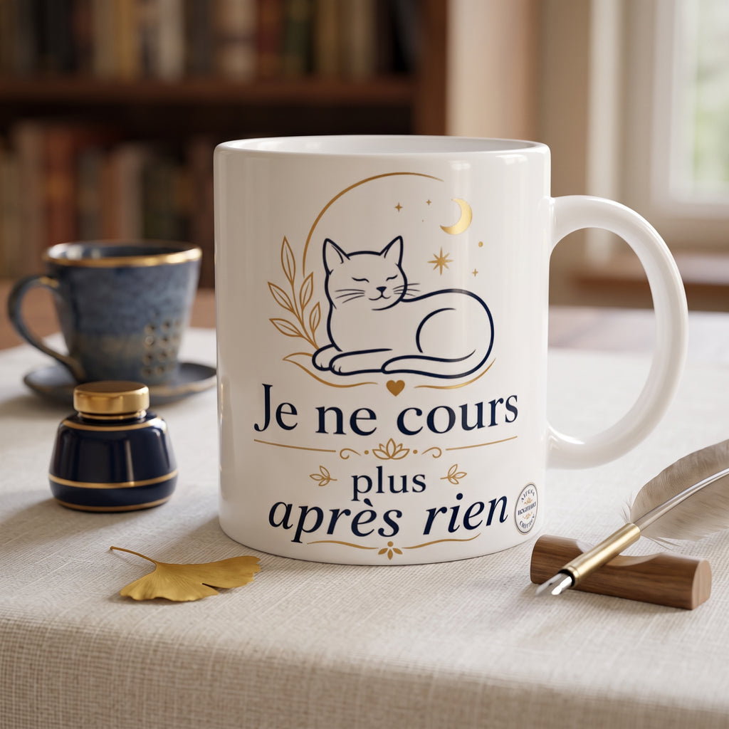 Tasse en céramique blanche à anse, motif chat et inscription « Je ne cours plus après rien »