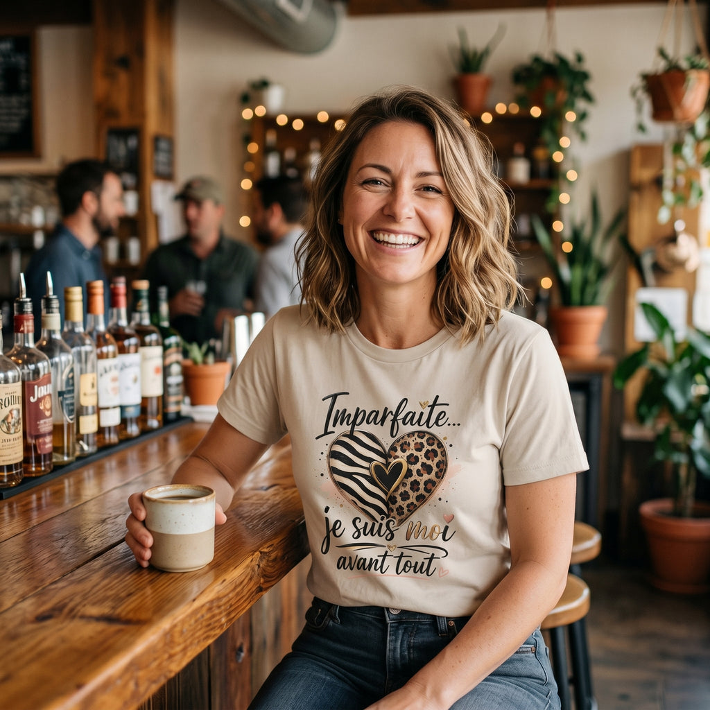 T-shirt femme beige clair à manches courtes, imprimé cœur zébré et « avant tout »