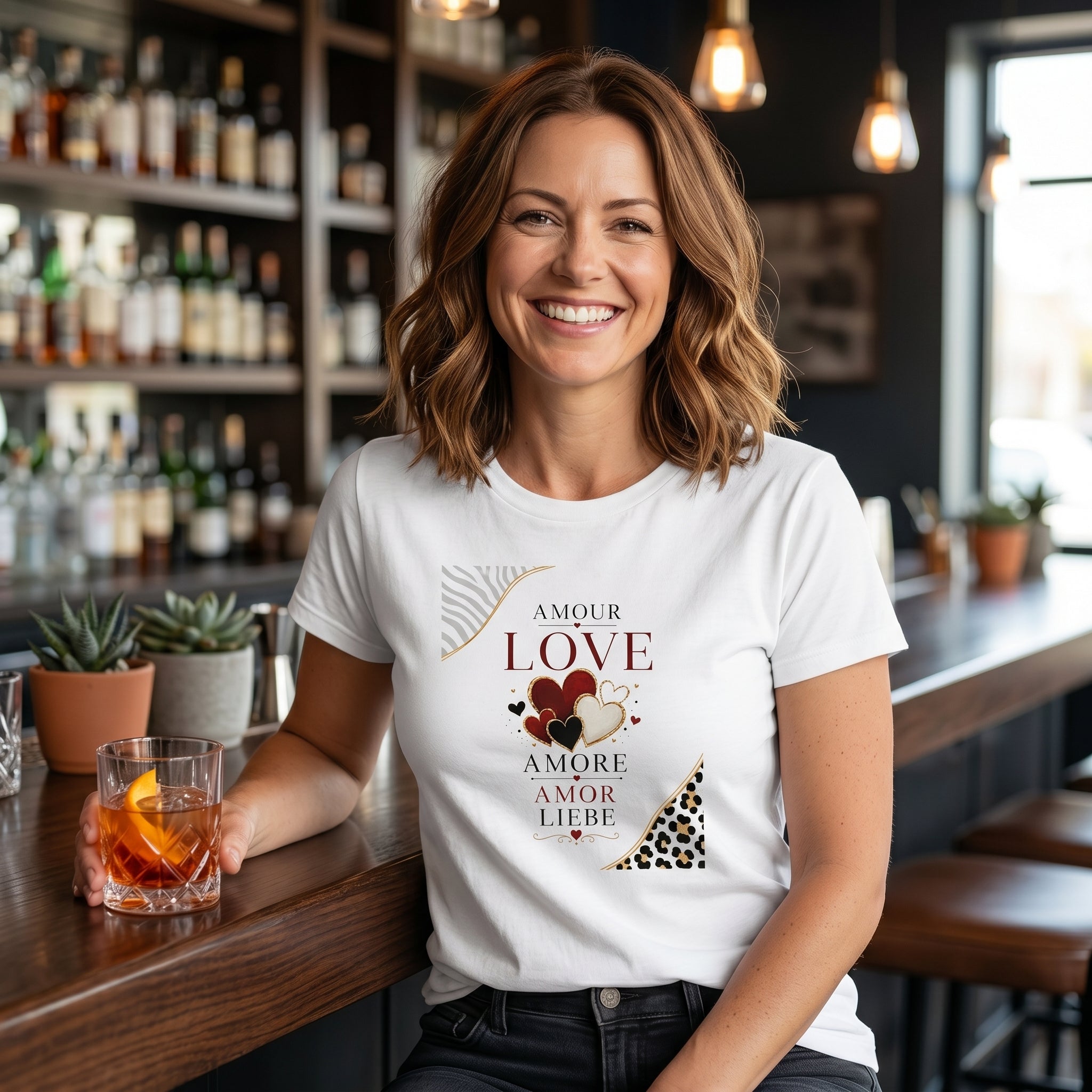 T-shirt femme blanc à manches courtes, imprimé cœur “AMOUR LOVE AMORE”.