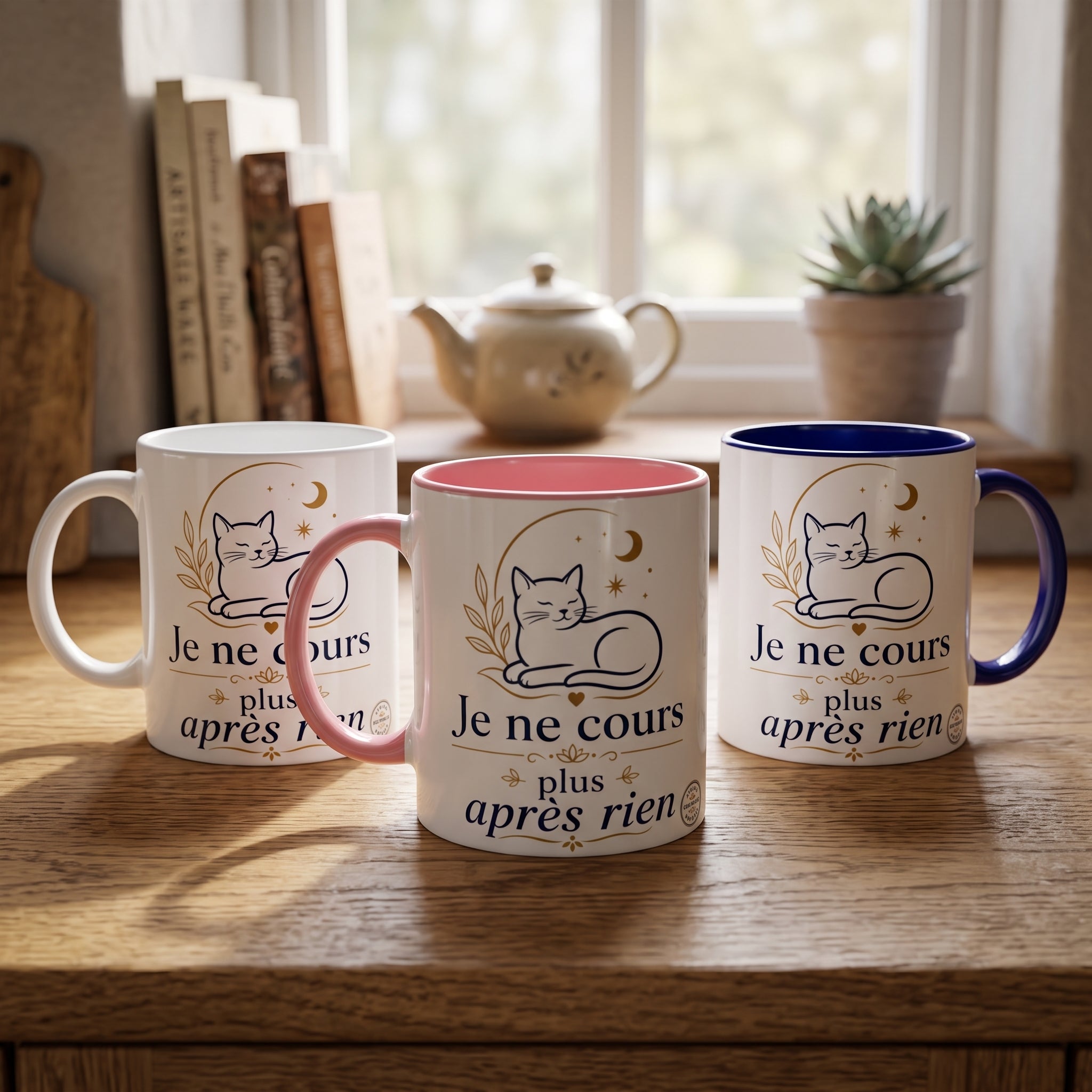 Lot de 3 tasses en céramique : rose, blanche et bleue, chat « Je ne cours plus après rien »