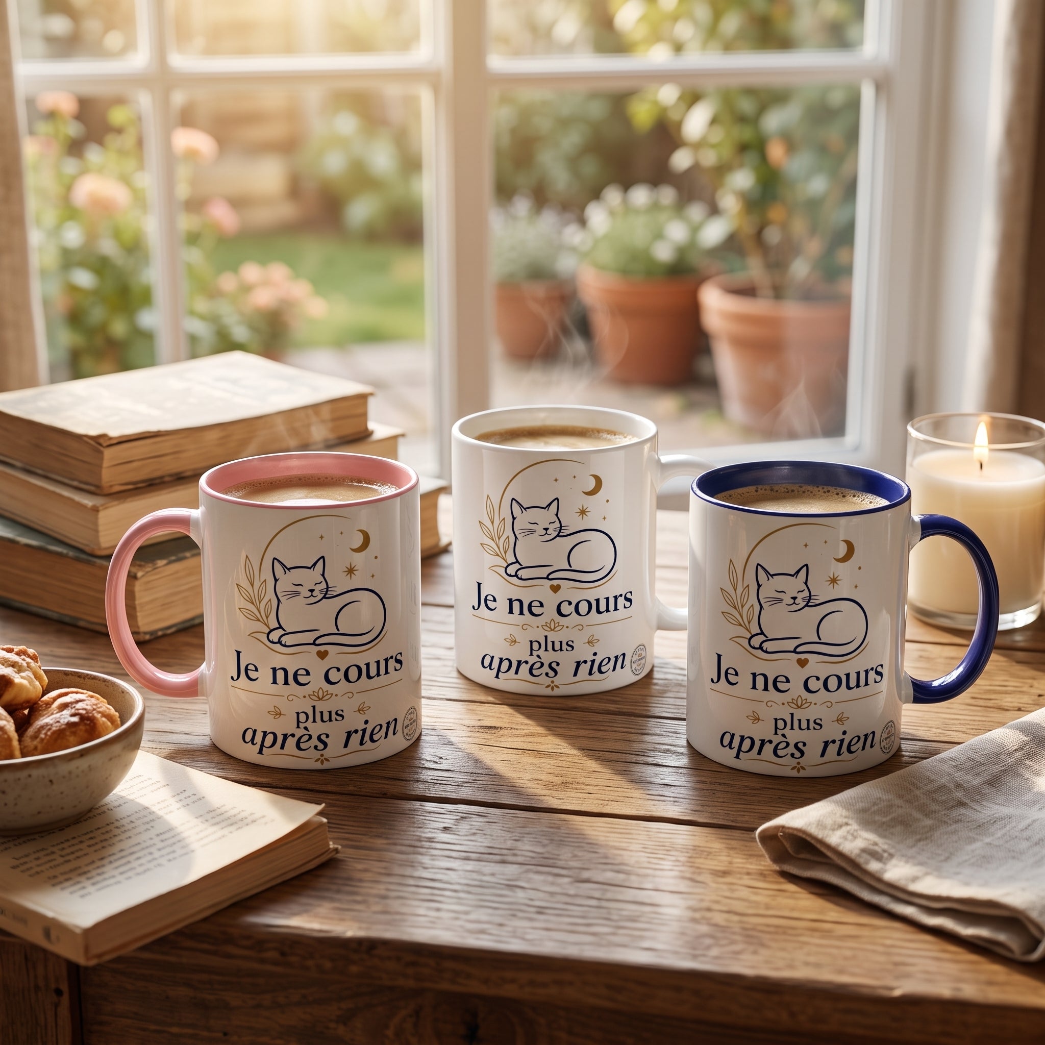 Ensemble de 4 tasses en céramique rose, blanche et bleue, motif chat « Je ne cours plus après rien »
