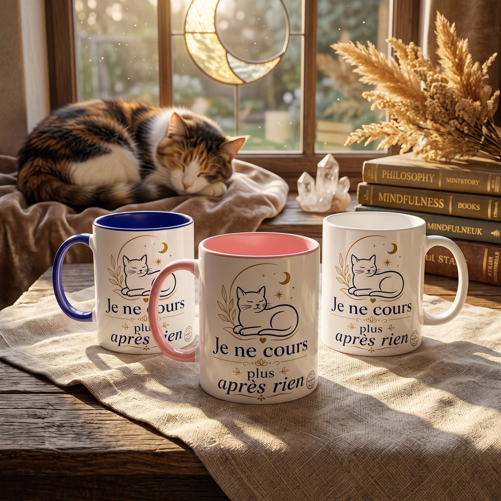 Lot de 3 tasses en céramique bleue, rose et blanche, chat « Je ne cours plus après rien »