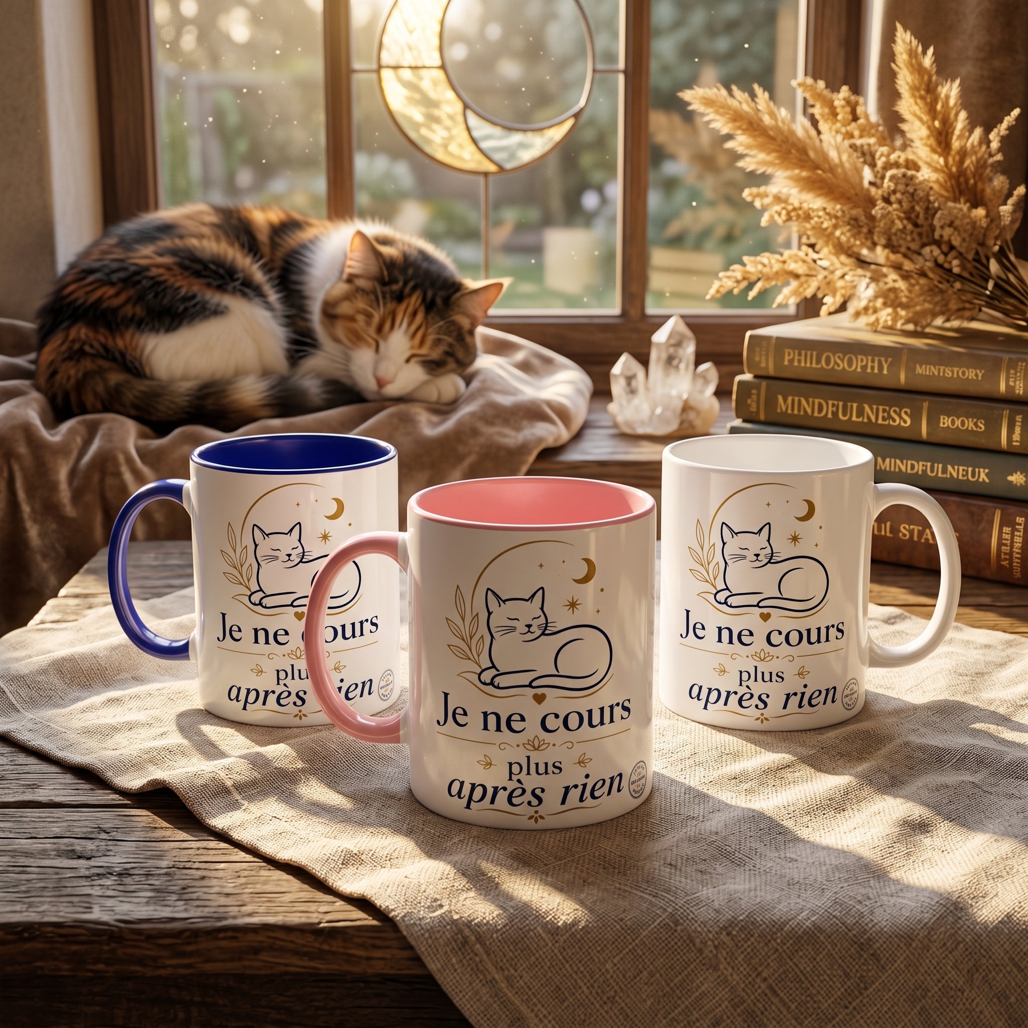 Lot de 3 tasses en céramique bleue, rose et blanche, chat « Je ne cours plus après rien »
