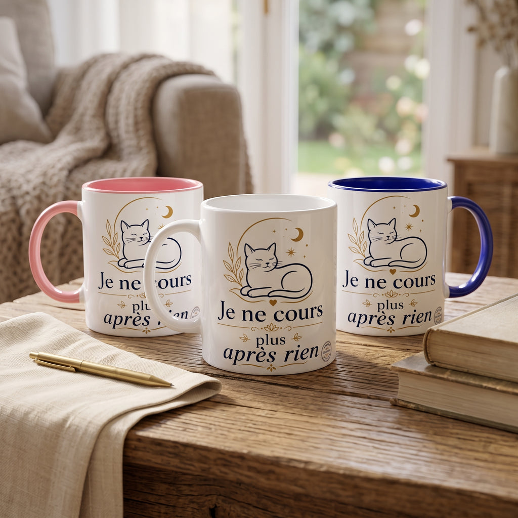 Lot de 3 tasses en céramique : rose, blanche et bleue, chat « Je ne cours plus après rien »