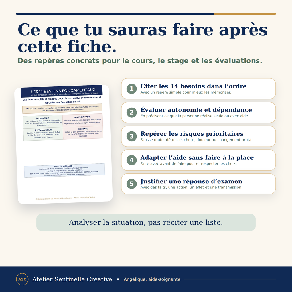 Fiche de révision PDF : étapes pour citer les 14 besoins, justifier et réévaluer.