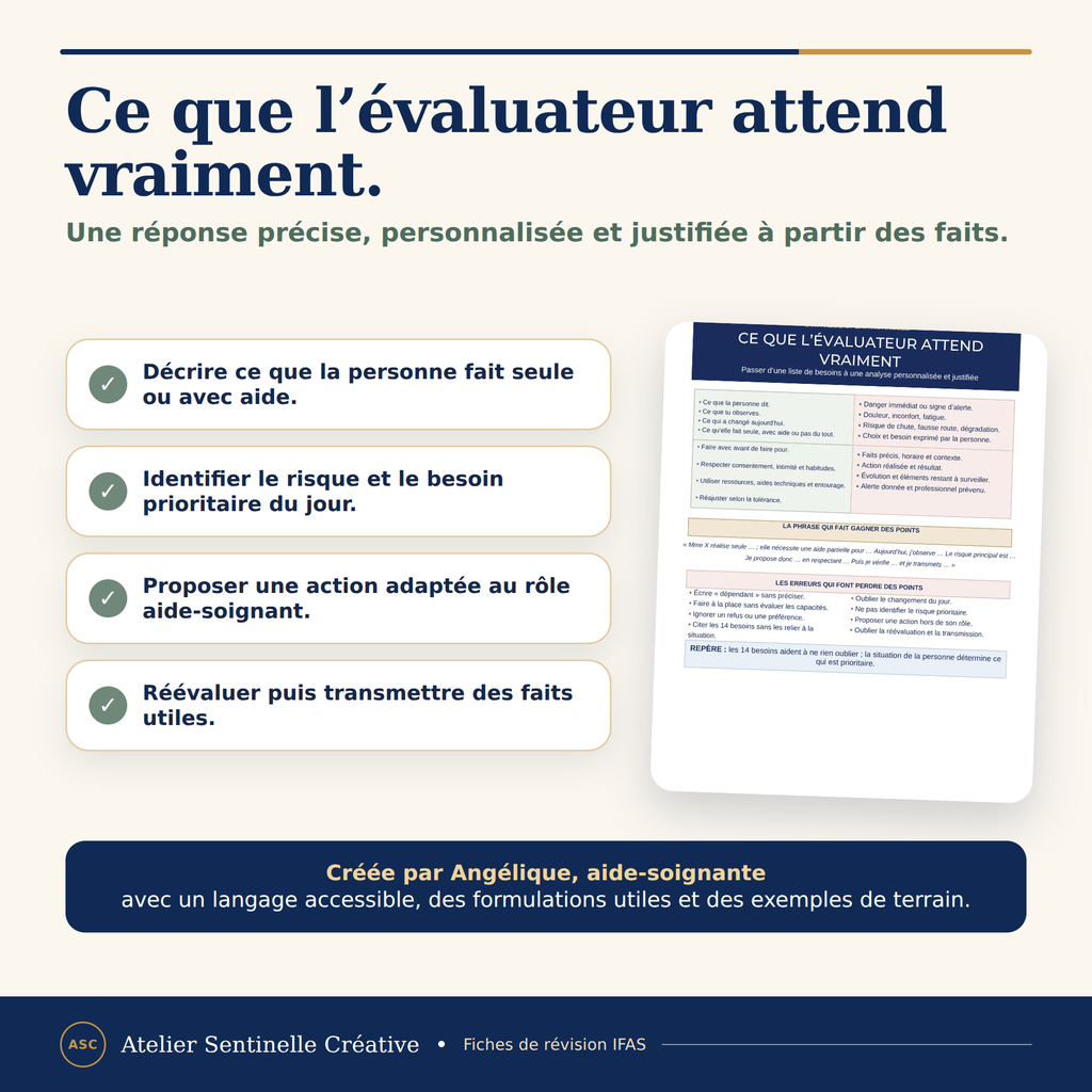 Fiche de révision PDF : checklist « ce que l’évaluateur attend » avec exemples de réponses.