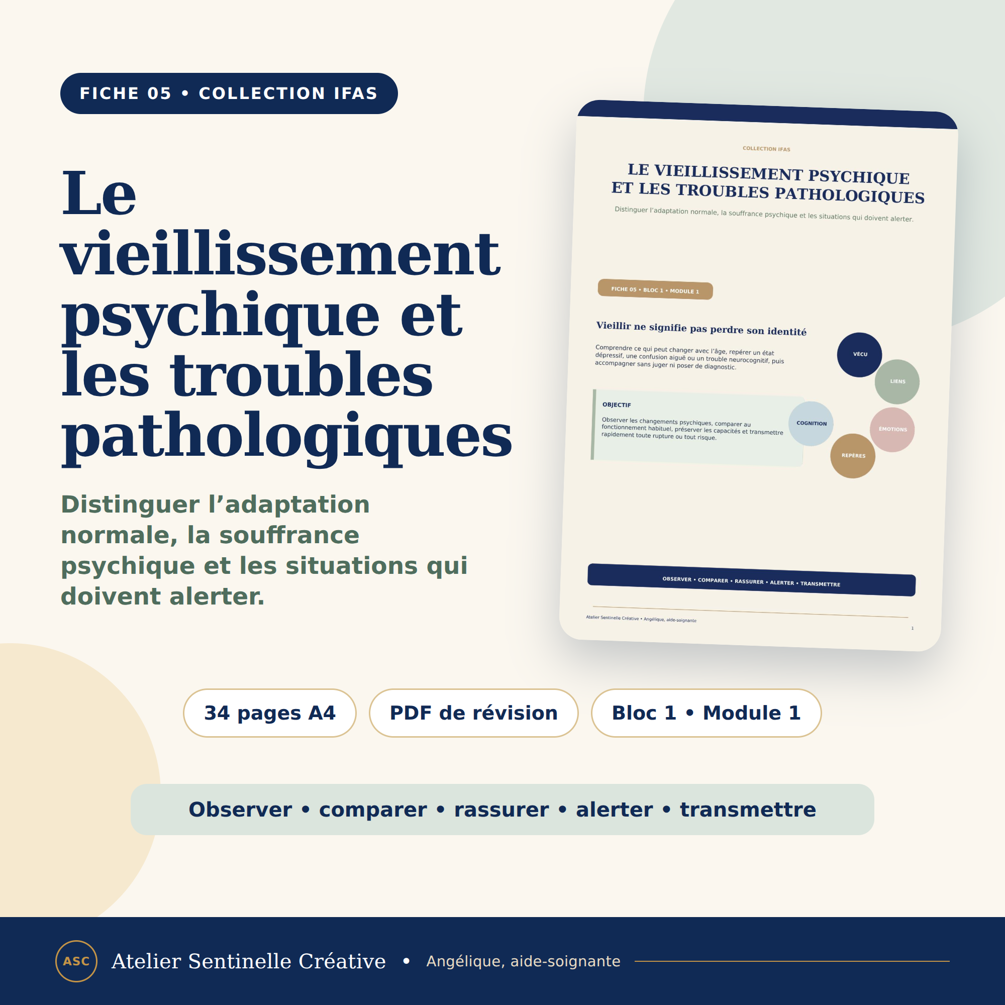 Fiche de révision IFAS sur le vieillissement psychique, 34 pages A4, format PDF.