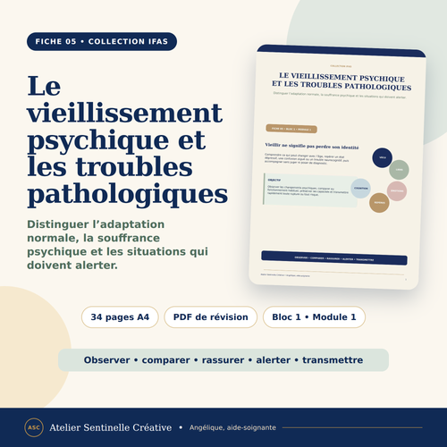 Fiche de révision IFAS sur le vieillissement psychique, 34 pages A4, format PDF.