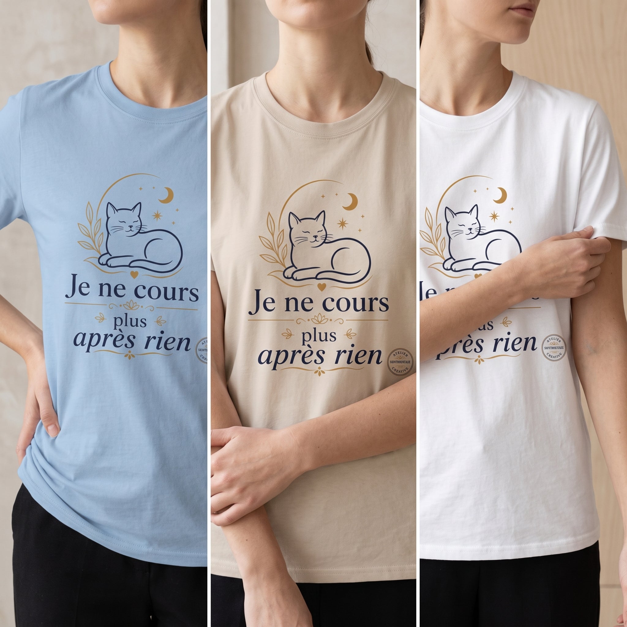 T-shirts imprimés unisexe bleu, beige et blanc, chat et texte « Je ne cours plus »