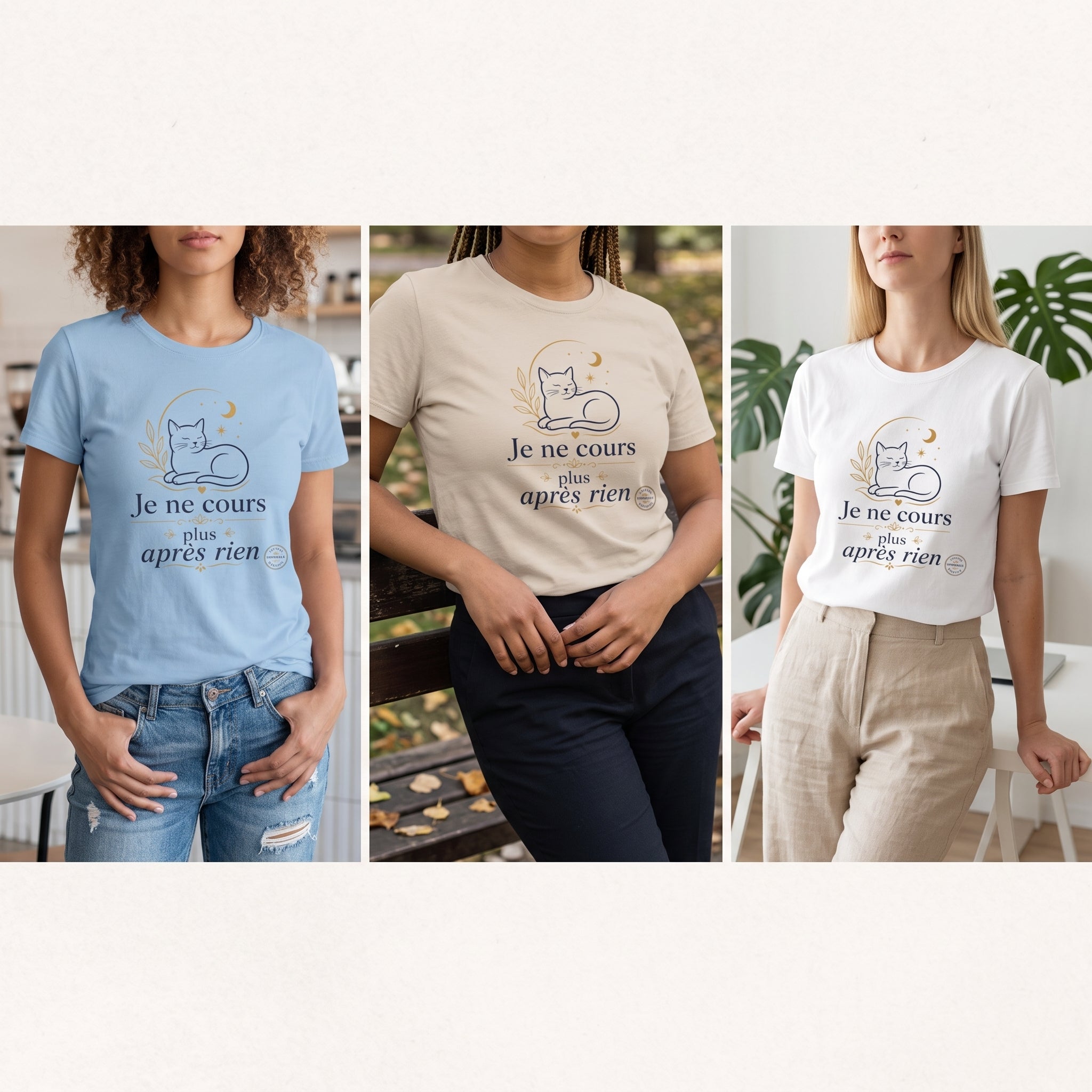 T-shirts imprimés unisexe bleu, beige et blanc, manches courtes avec chat et texte