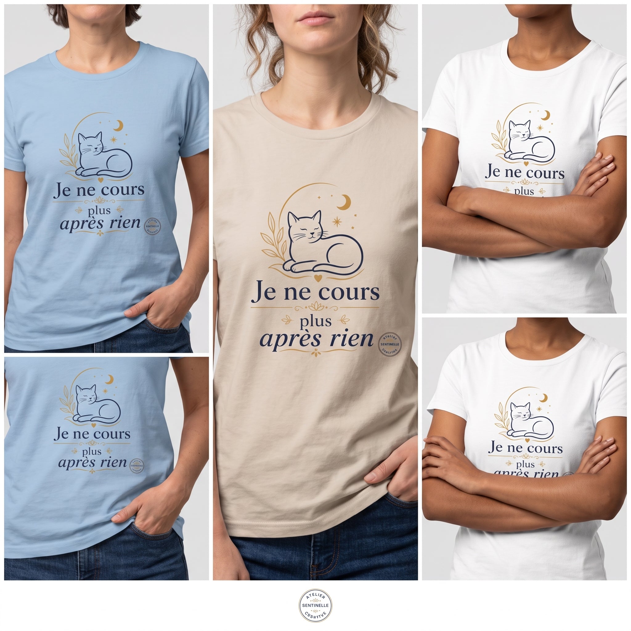 T-shirts imprimés unisexe bleu, beige et blanc, chat dans une couronne et texte « Je ne cours »