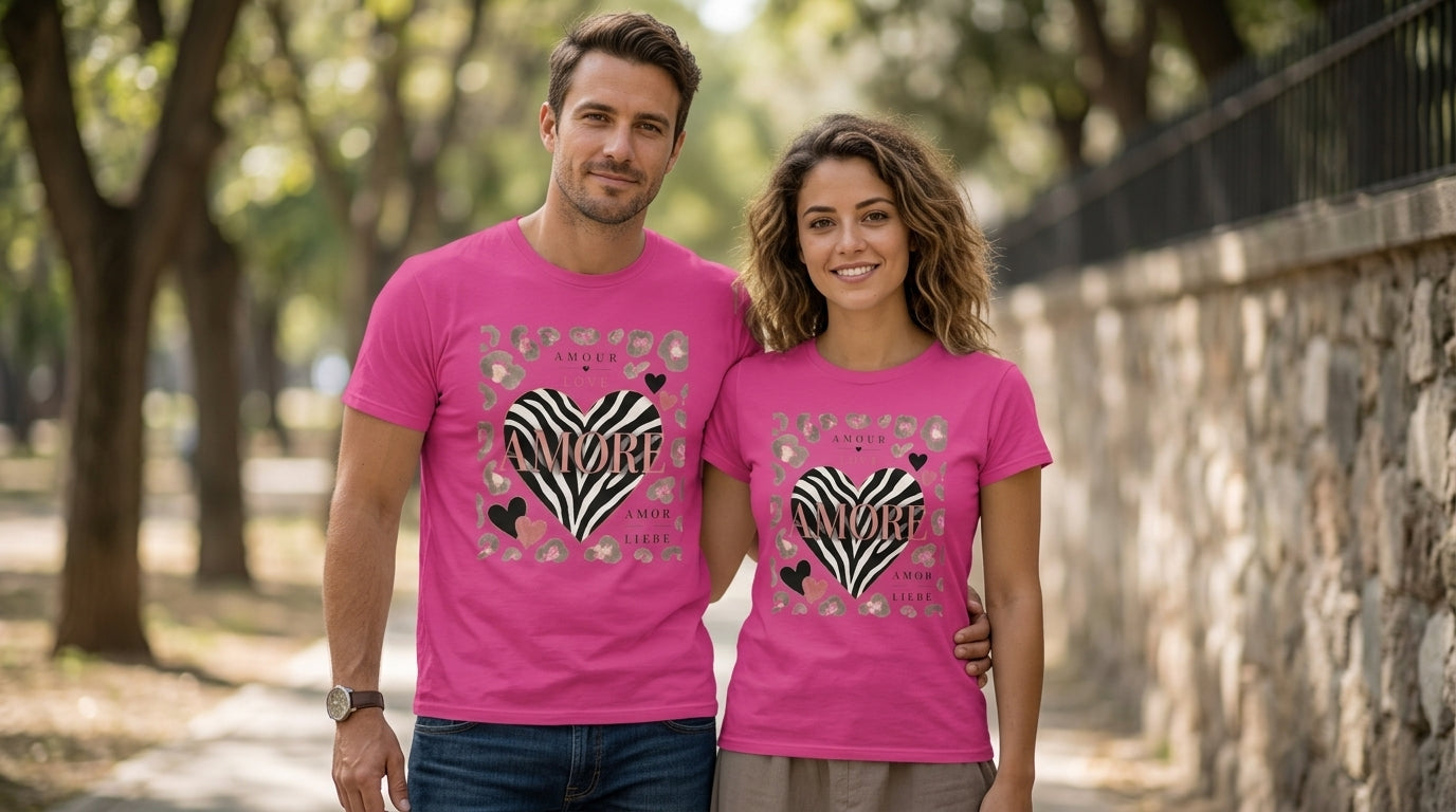 T-shirt unisexe rose à grand motif cœur zébré et léopard