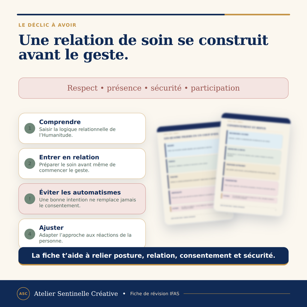 Fiche de révision A4 avec étapes Comprendre, Entrer en relation, Éviter les automatismes