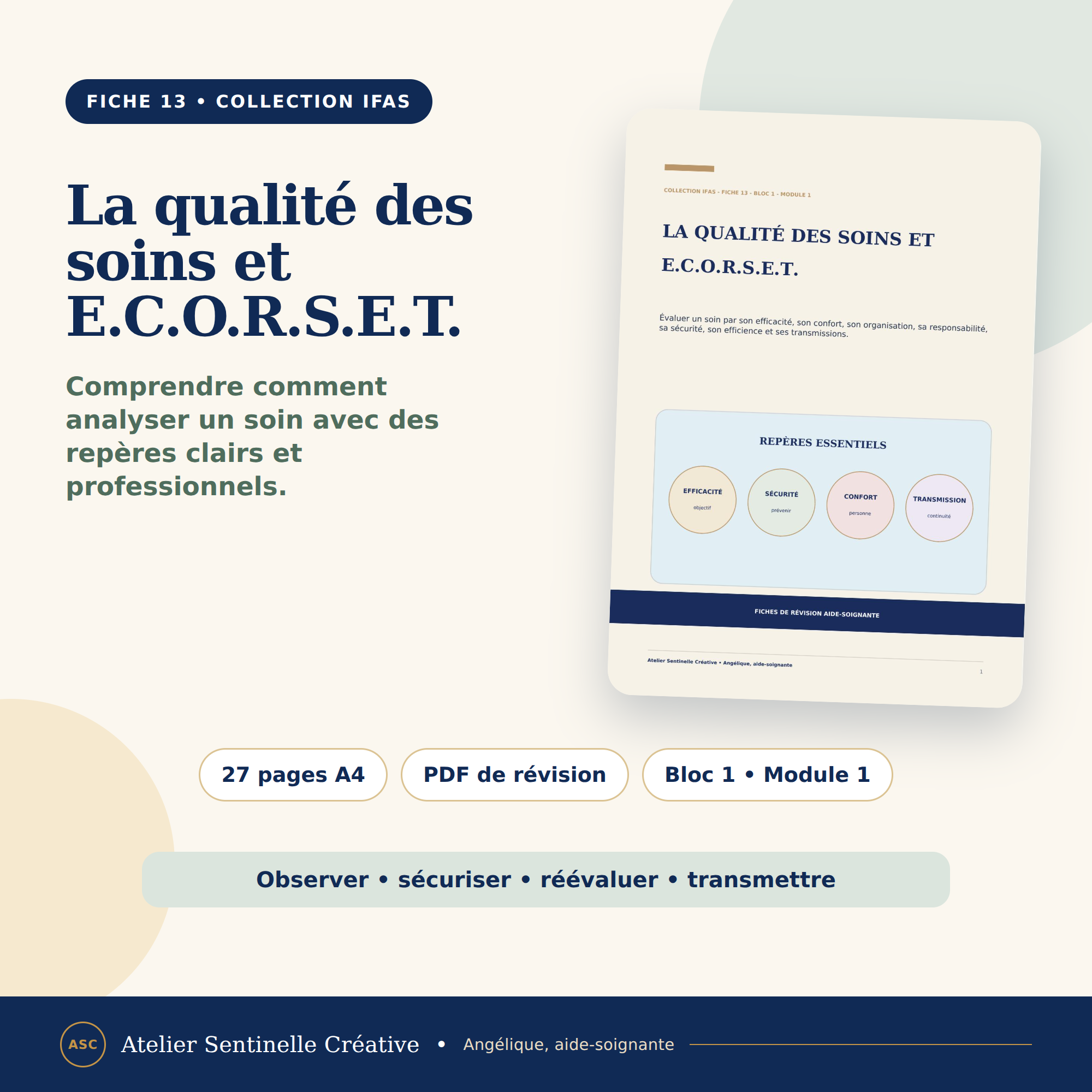 Fiche de révision IFAS E.C.O.R.S.E.T., qualité des soins, bloc 1 module 1, couverture.
