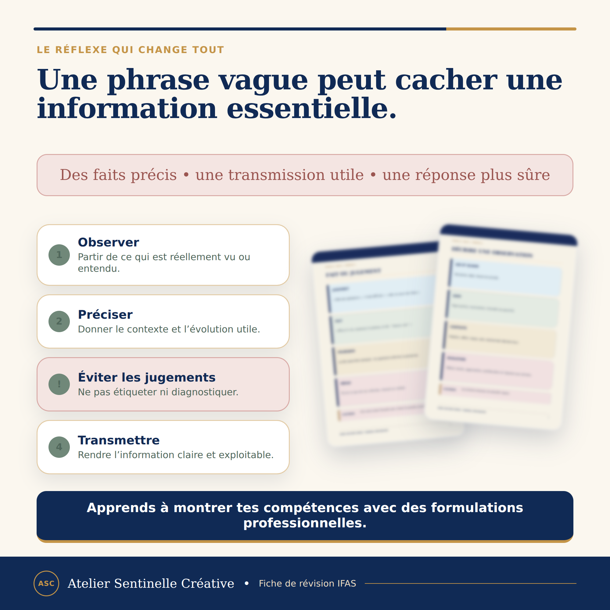 Fiche de révision IFAS : phrase pour transmettre, étapes d’observation et précision