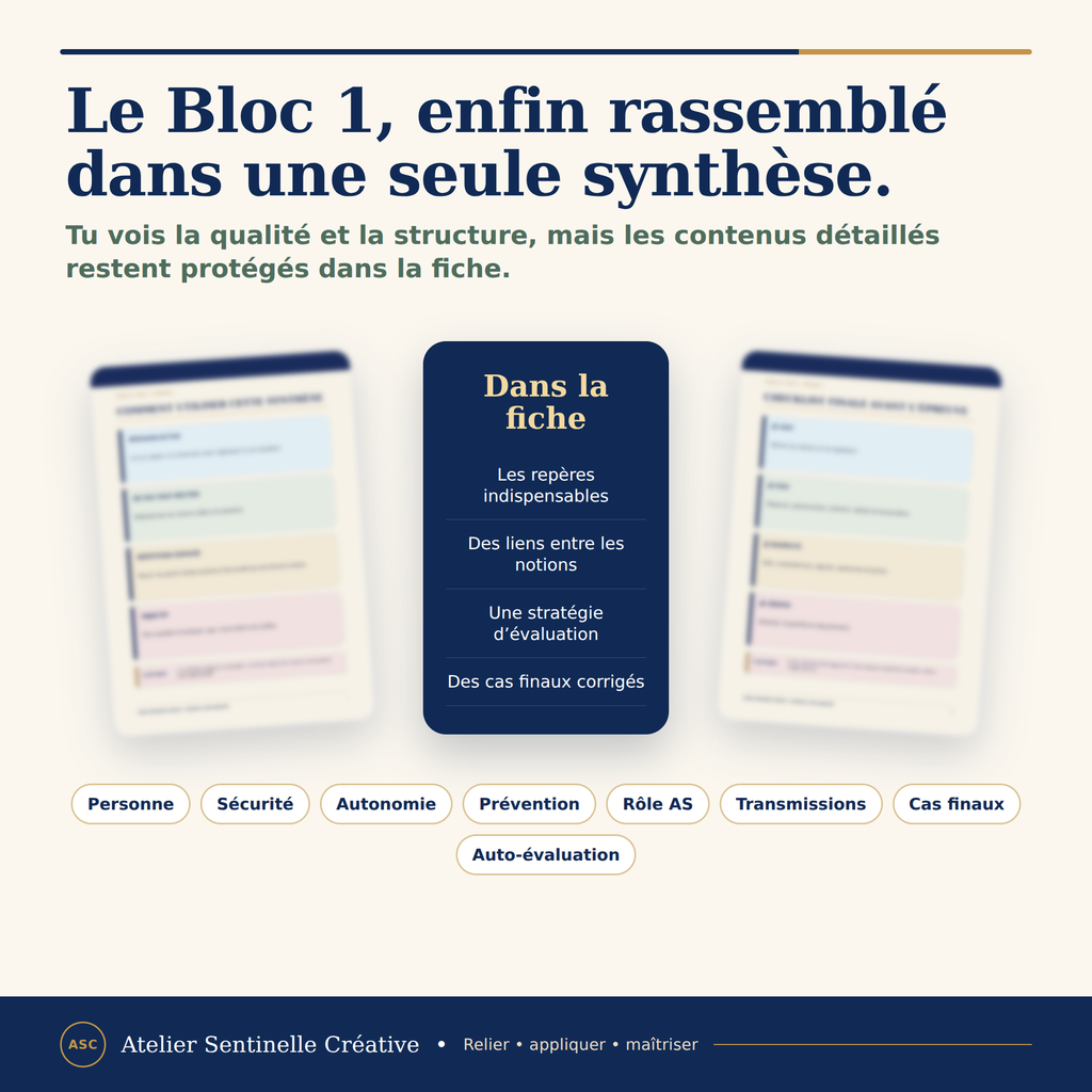 Fiche de révision Bloc 1 : synthèse unique avec repères Personne, Sécurité, Autonomie, prévention