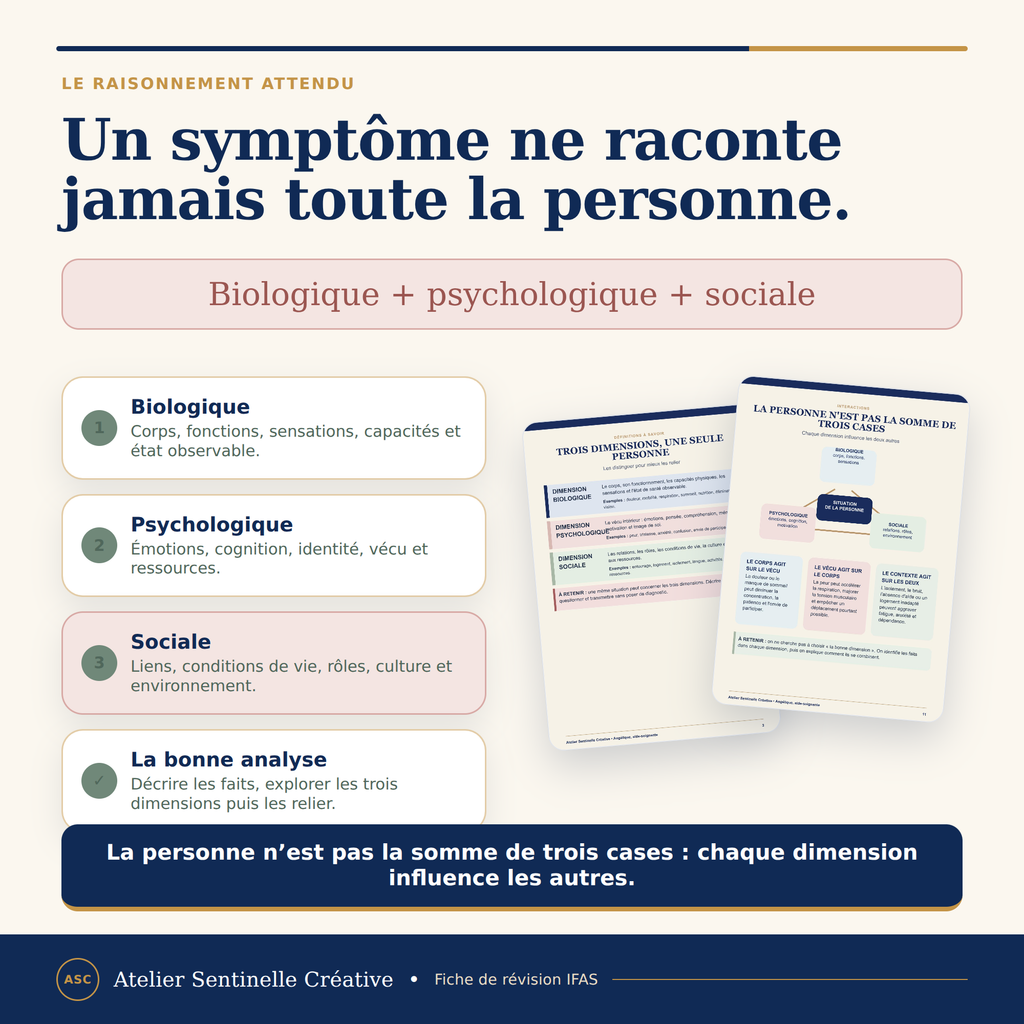 Fiche de révision IFAS montrant les trois dimensions biologique, psychologique et sociale