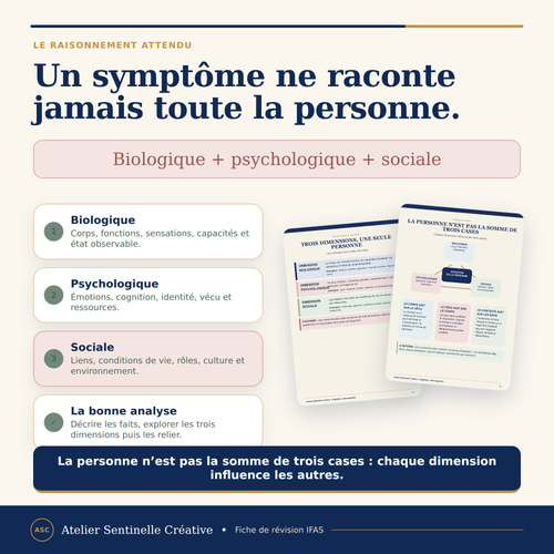 Fiche de révision IFAS montrant les trois dimensions biologique, psychologique et sociale