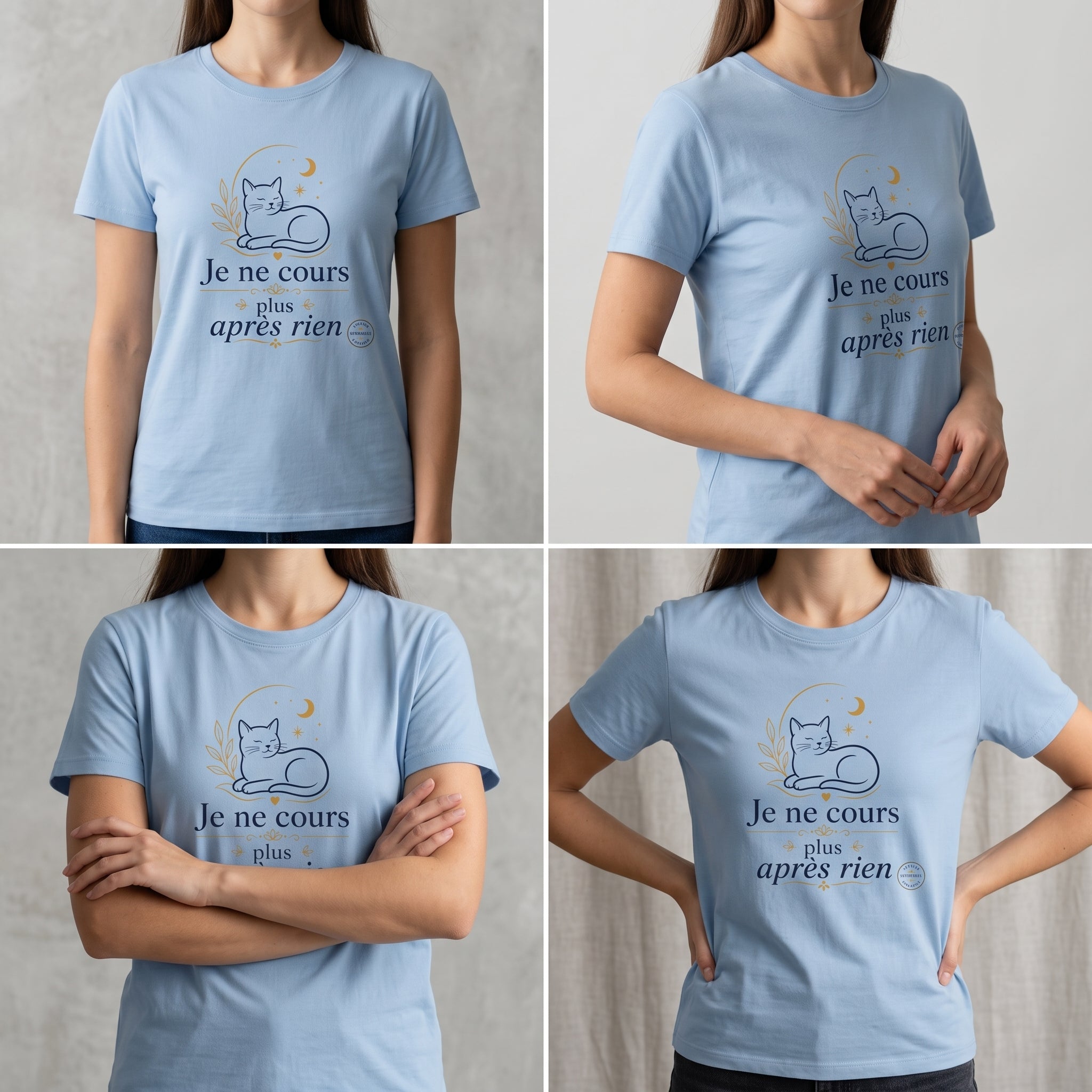 T-shirt unisexe bleu clair avec imprimé chat endormi et slogan « Je ne cours plus après rien »