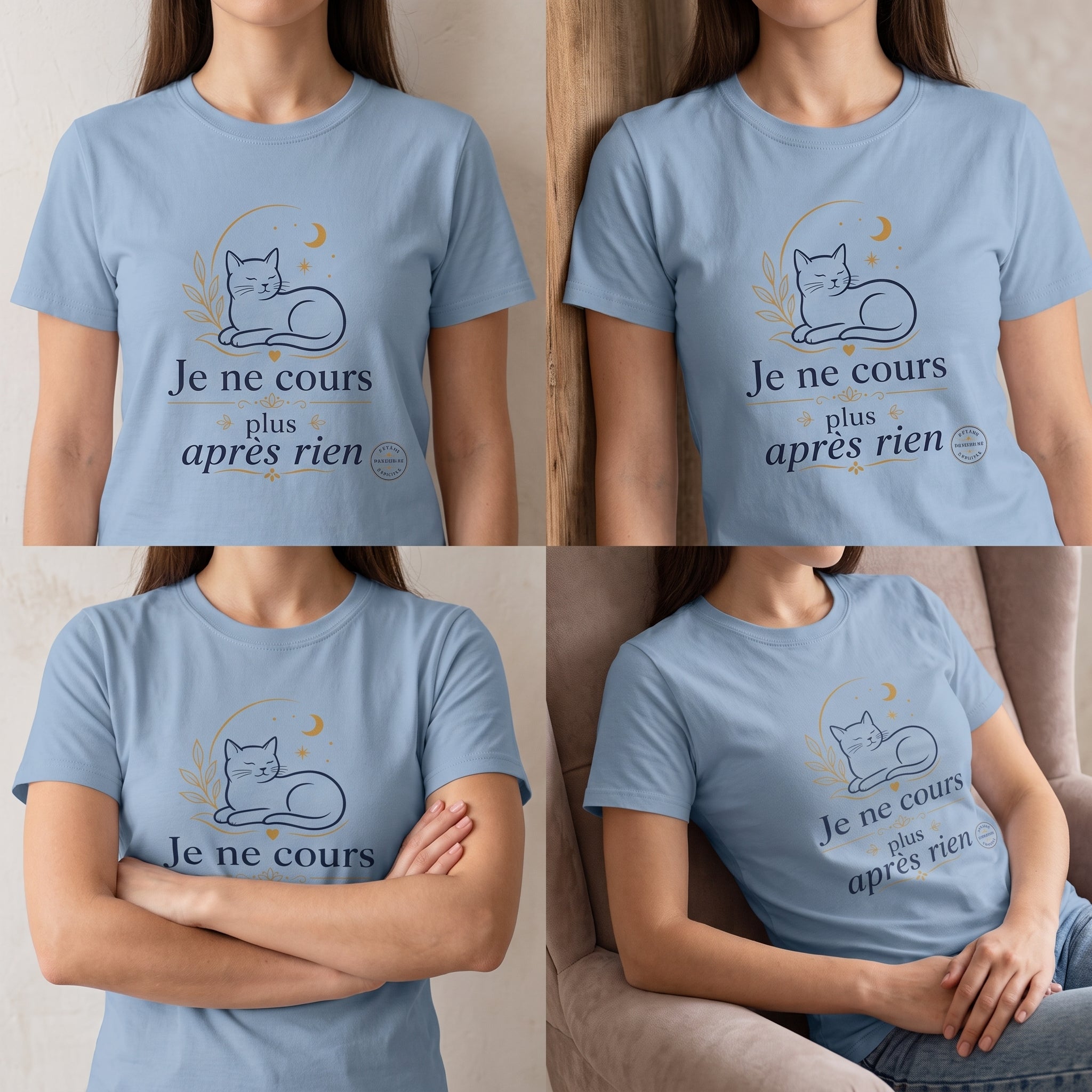 T-shirt unisexe bleu clair avec imprimé chat, feuillage et slogan « Je ne cours plus après rien »