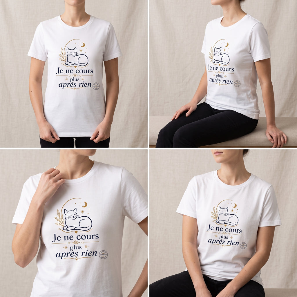 T-shirt unisexe blanc avec imprimé chat et feuilles, texte « Je ne cours plus après rien »