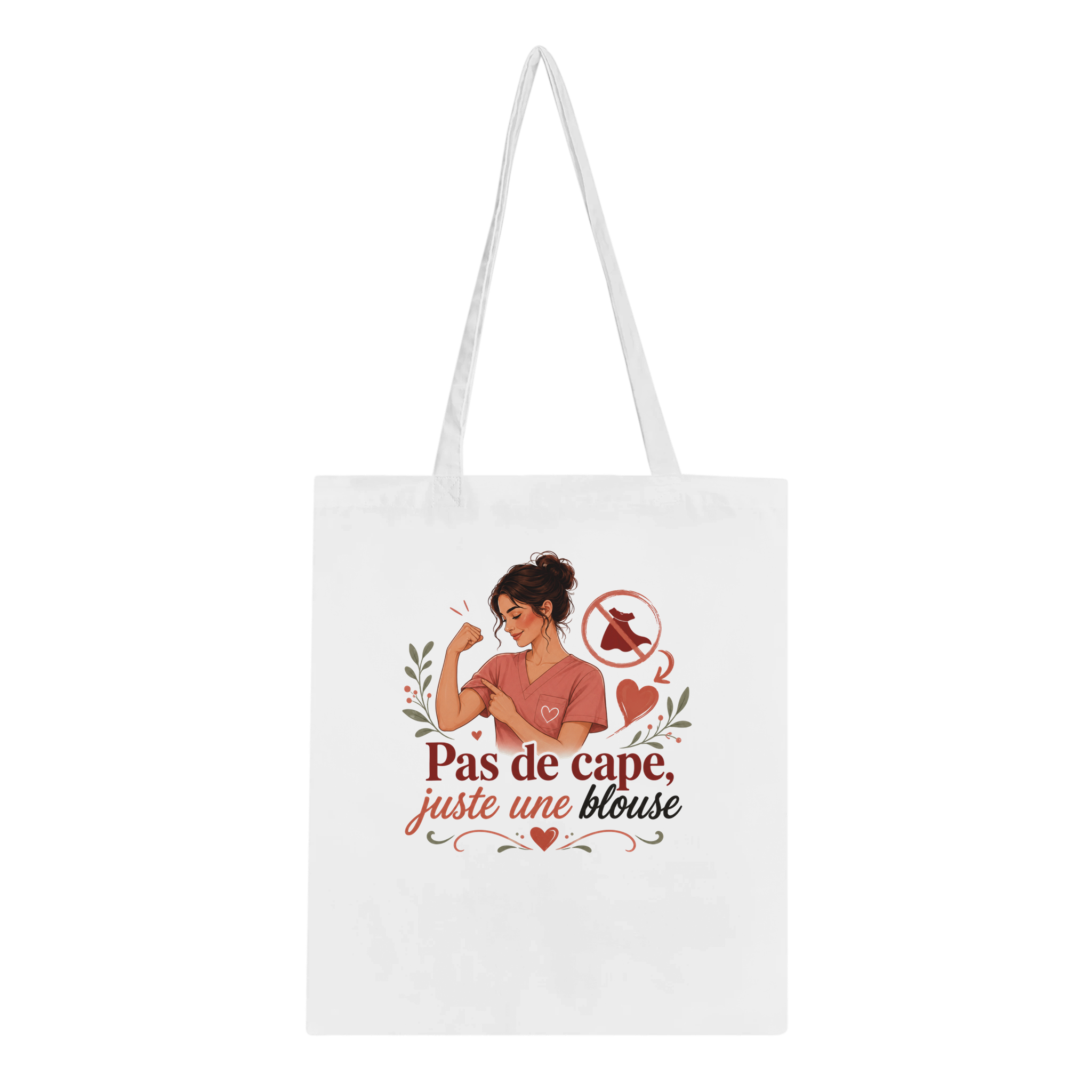 Sac tote blanc en toile, anses, illustration et texte « Pas de cape, juste une blouse »