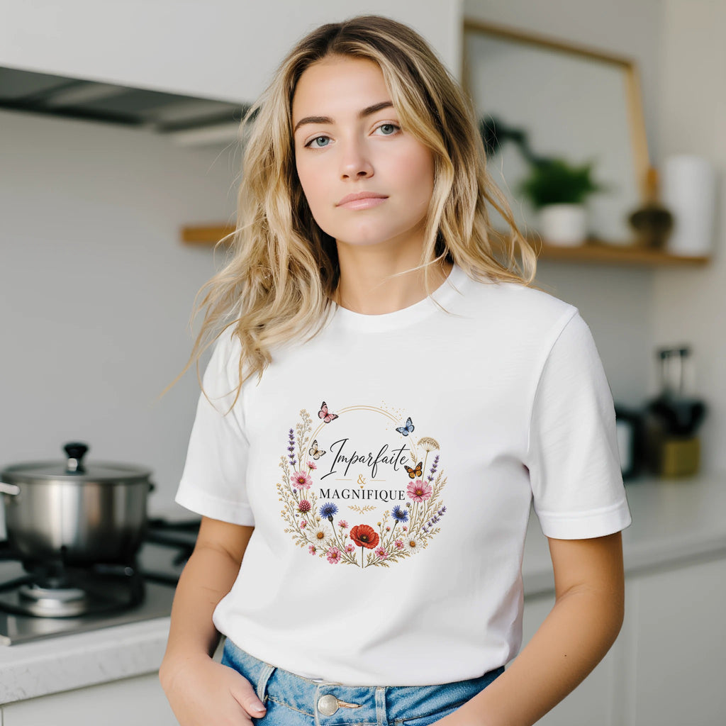 T-shirt femme blanc à col rond, vue de face, imprimé floral en couronne et papillons.