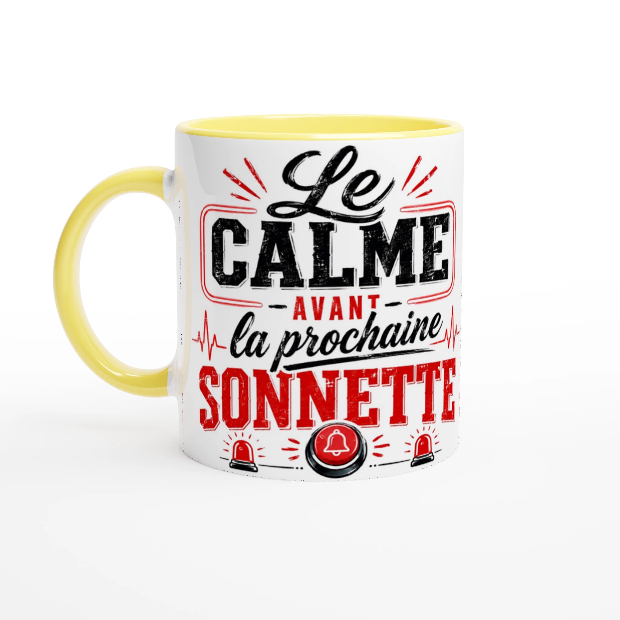 Mug en céramique blanc à anse jaune et bord jaune, motif « Le calme… »